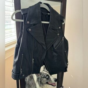 Alice & Olivia Classic Black Leather Jacket Vest Gilet, Size Large